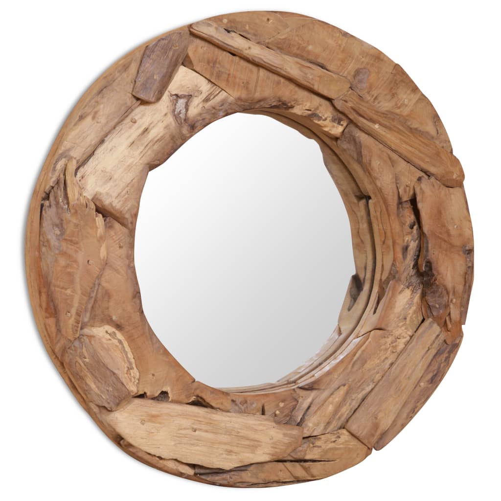 Round teak wood mirror with irregular reclaimed wood frame, 23.6-inch diameter.