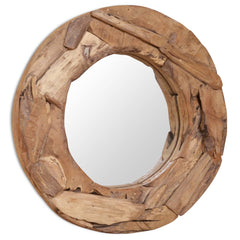 Round teak wood mirror with irregular reclaimed wood frame, 23.6-inch diameter.