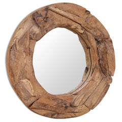 Round reclaimed teak wood mirror with irregular frame, 23.6-inch diameter.