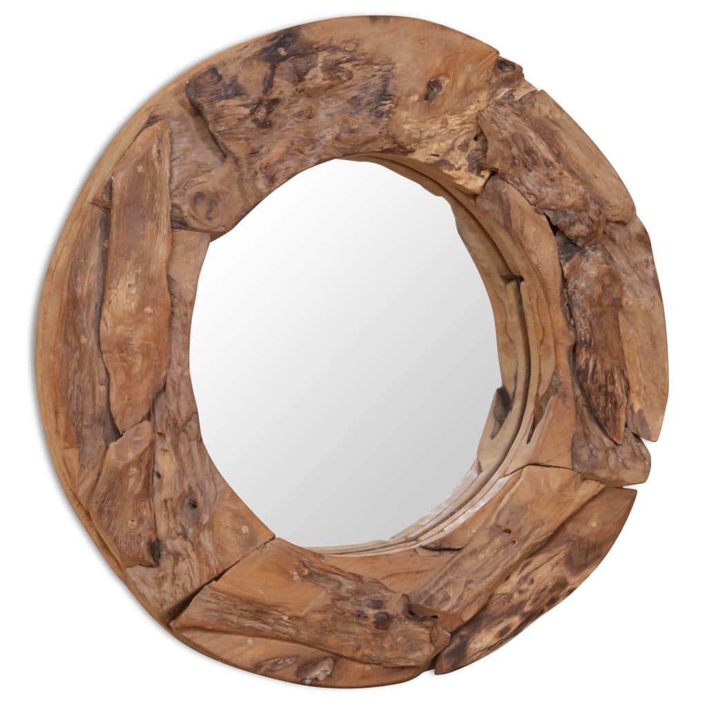 Round reclaimed teak wood mirror, 23.6-inch diameter, with irregular frame.