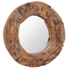 Round reclaimed teak wood mirror, 23.6-inch diameter, with irregular frame.