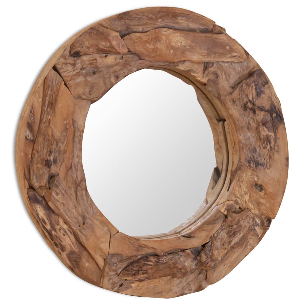 Round reclaimed teak wood mirror with irregular frame, 23.6-inch diameter.