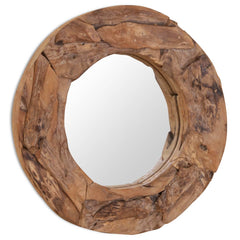 Round reclaimed teak wood mirror with irregular frame, 23.6-inch diameter.