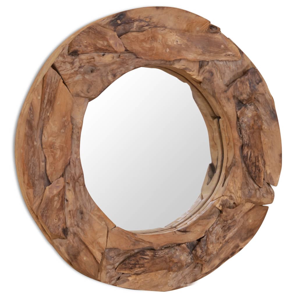 Round reclaimed teak wood mirror with irregular frame, 23.6-inch diameter.