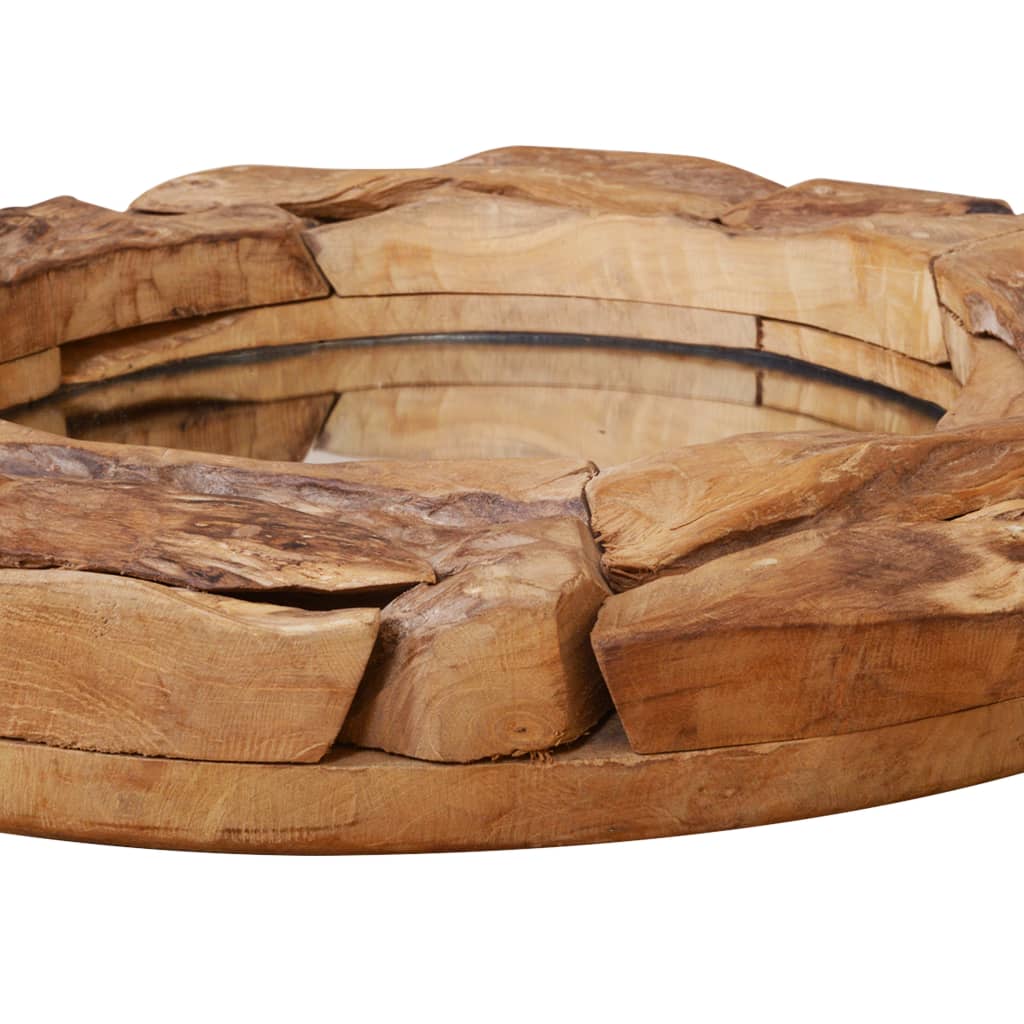Round teak wood mirror with irregular frame and 23.6-inch diameter.