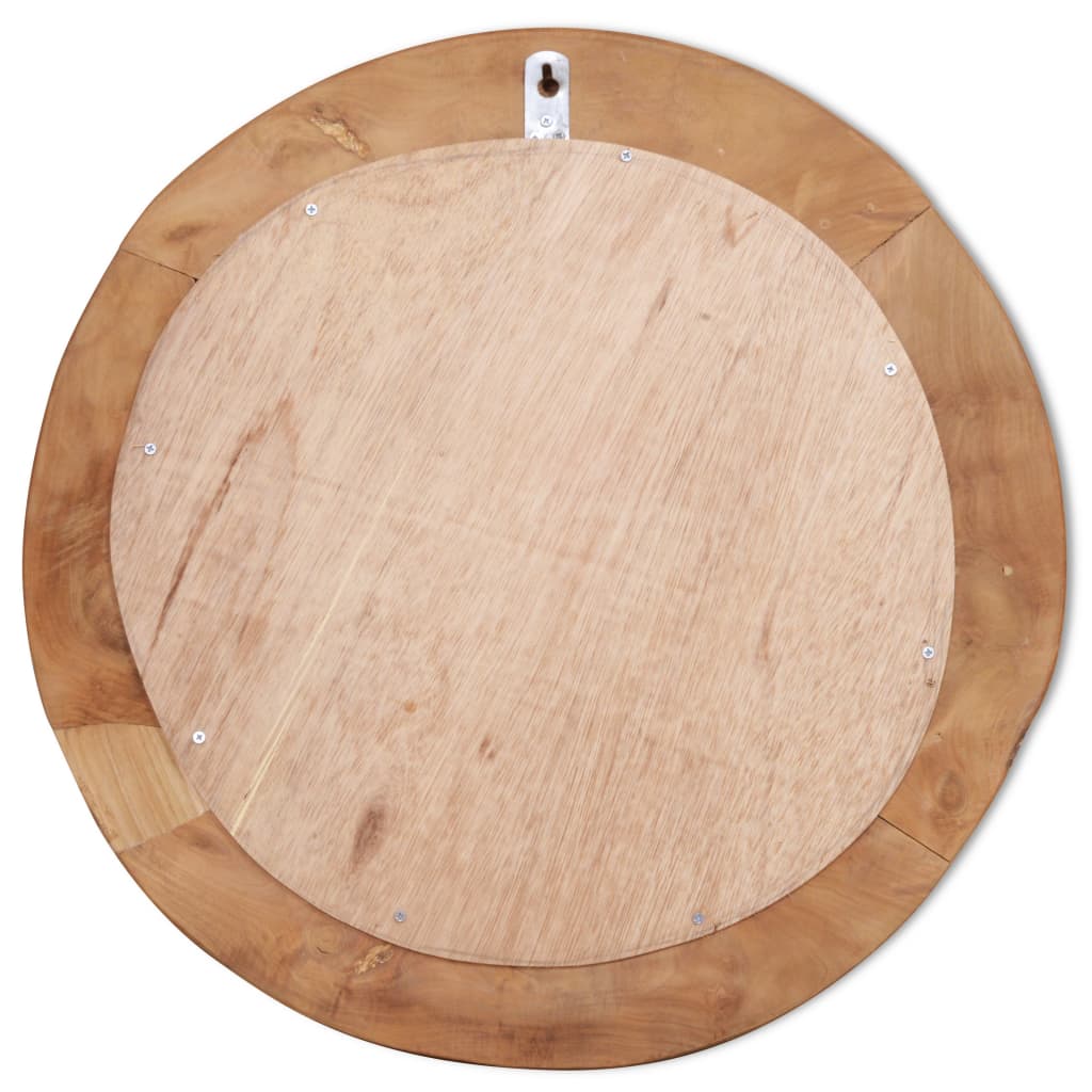 Back view of 23.6-inch round teak mirror with wooden frame and hanging hook.