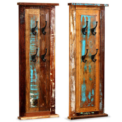 Two tall reclaimed wood coat racks, one with red tones and one blue, each with four black hooks.