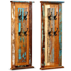 Two tall reclaimed wood coat racks, each with four black hooks, in natural weathered tones.