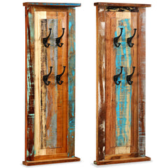 Two tall reclaimed wood coat racks with four black hooks each, shown from front and side.