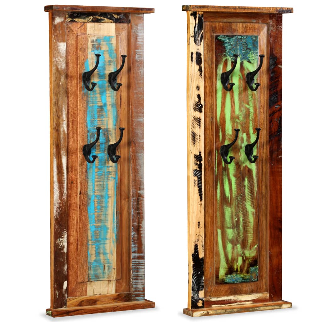 Two 15x39.4-inch reclaimed wood coat racks with four black hooks each, in natural wood tones.