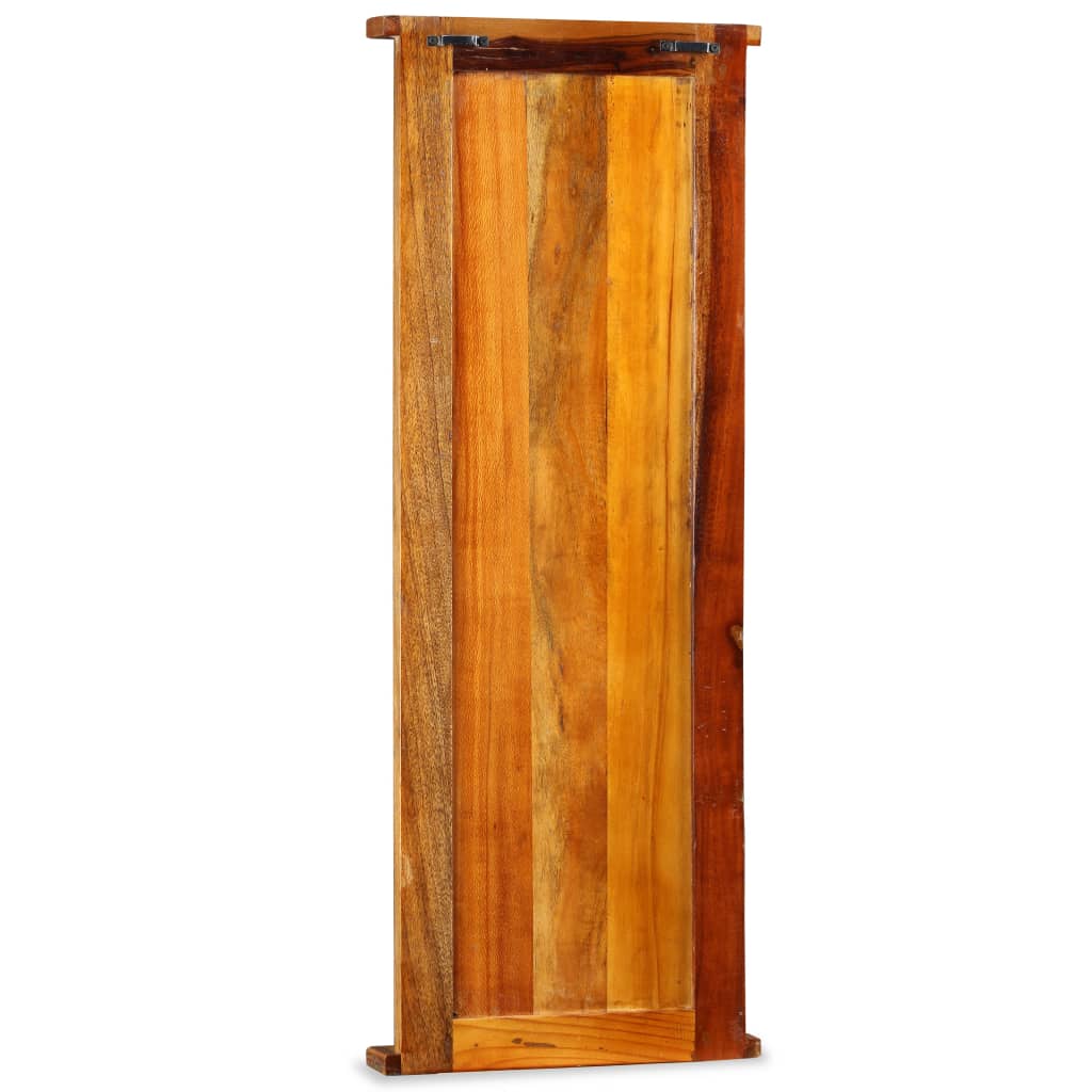 Tall reclaimed wood coat rack with four iron hooks and natural grain.