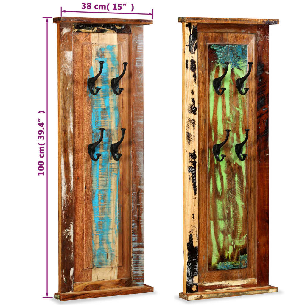 Two 15x39.4-inch reclaimed wood coat racks with four hooks each and dimensions shown.