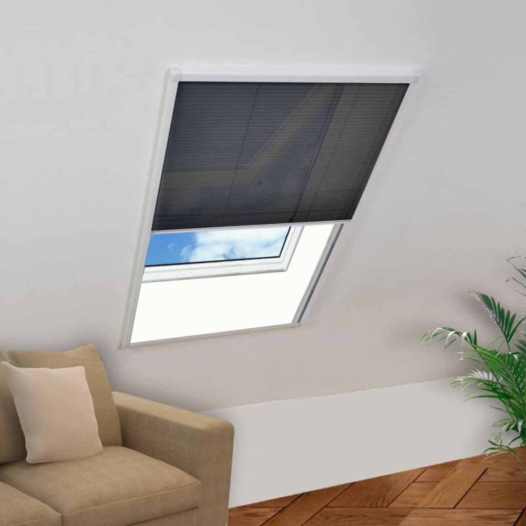 White Bostome Plisse insect screen with aluminum frame, 23.6x31.5 inches, installed on skylight.