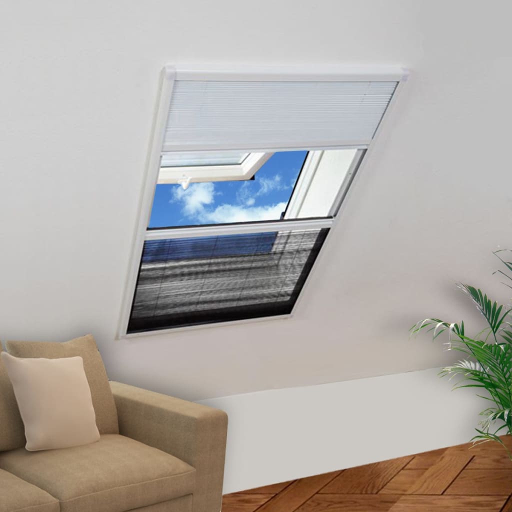 White aluminum plisse insect screen window with shade, 31.5x47.2 inches, installed on roof window.