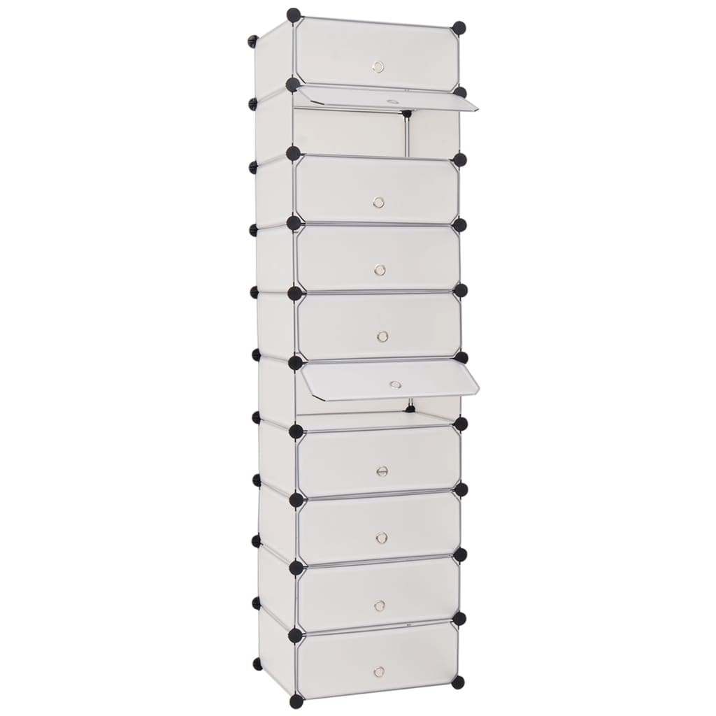 White interlocking shoe organizer with 10 compartments and dust-blocking doors.