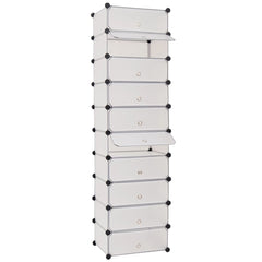 White interlocking shoe organizer with 10 compartments and dust-blocking doors.