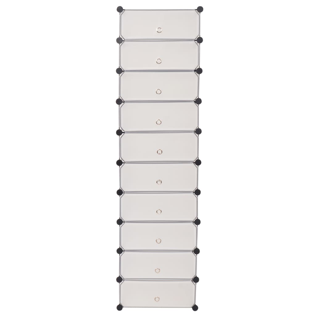 White interlocking shoe organizer with 10 compartments and dust-blocking doors.