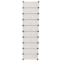 White interlocking shoe organizer with 10 compartments and dust-blocking doors.
