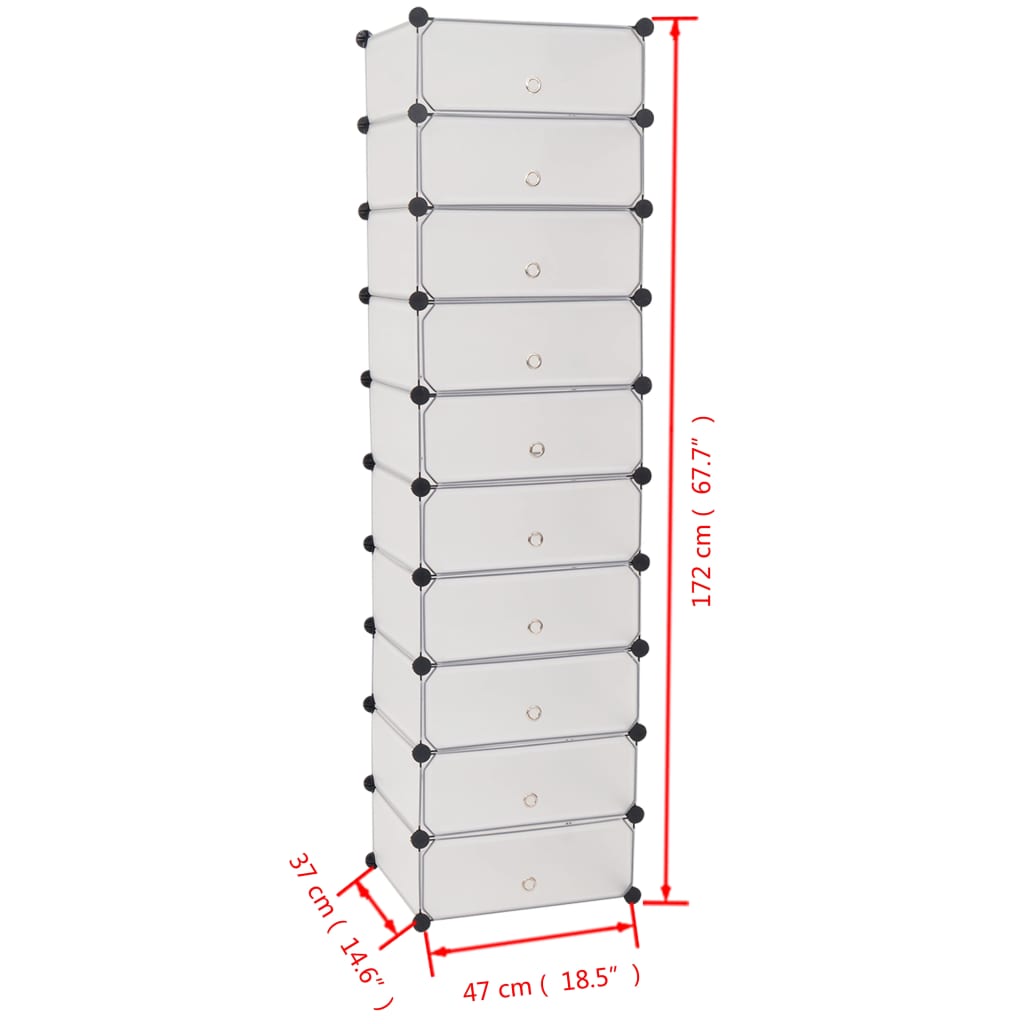 Tall white shoe organizer with 10 compartments and interlocking panels, 172 cm high.
