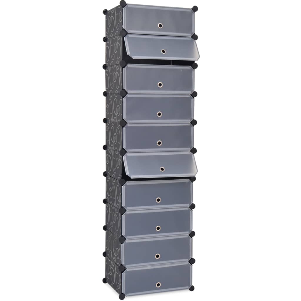 Black interlocking shoe organizer with 10 compartments and clear doors.