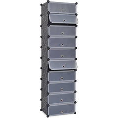 Black interlocking shoe organizer with 10 compartments and clear doors.