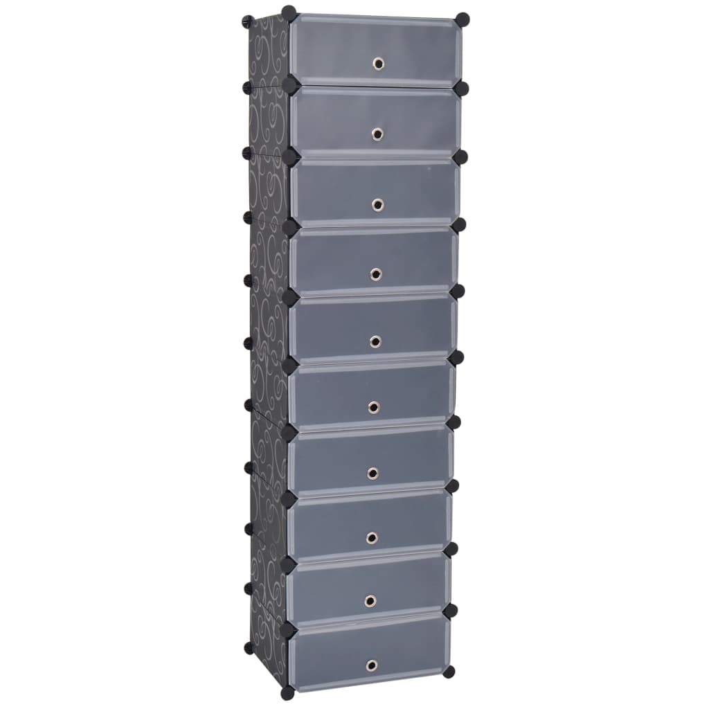 Tall black interlocking shoe organizer with 10 clear-door compartments.