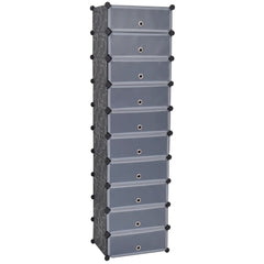 Tall black interlocking shoe organizer with 10 clear-door compartments.