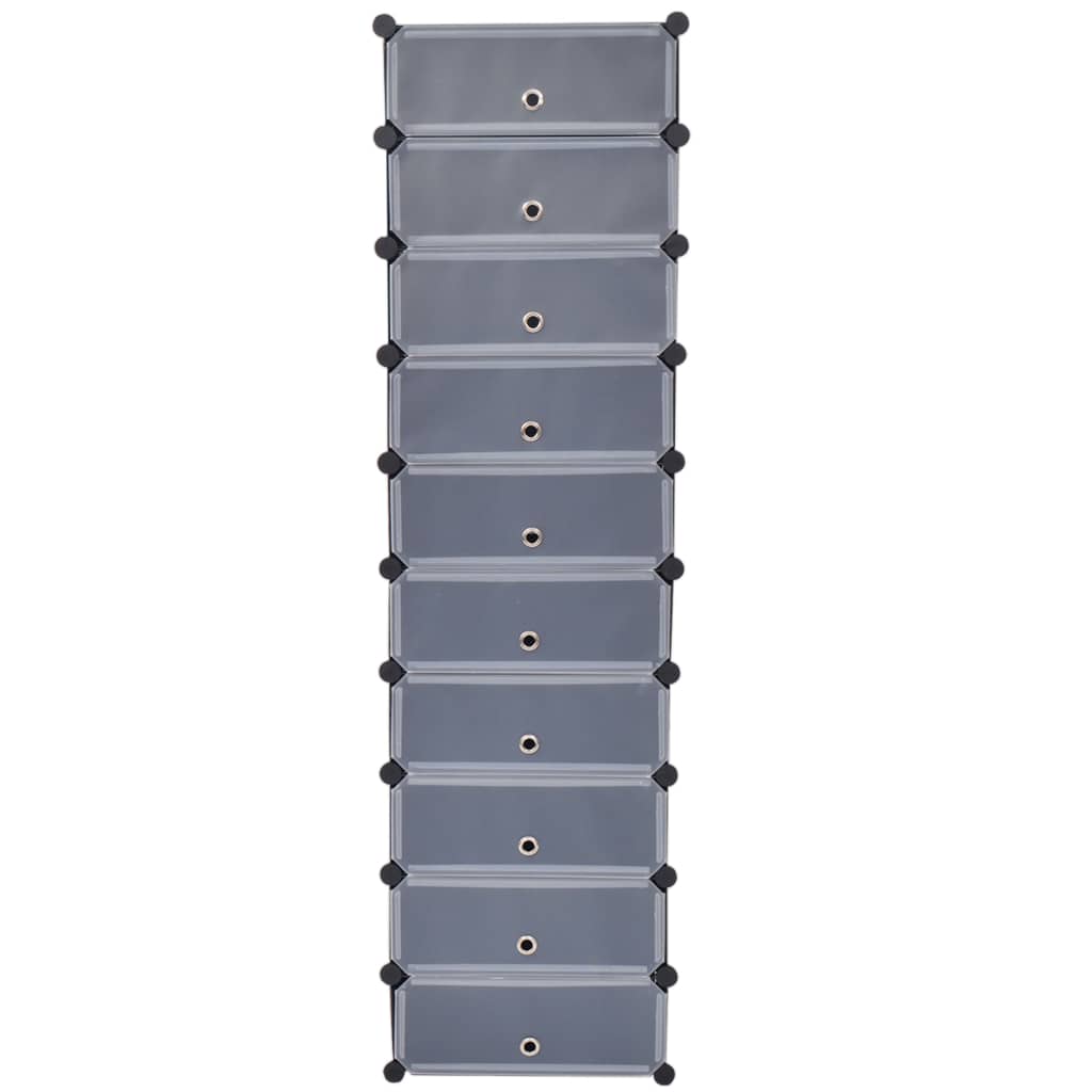 Black shoe organizer with 10 compartments and interlocking design for easy assembly.