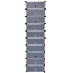 Black shoe organizer with 10 compartments and interlocking design for easy assembly.