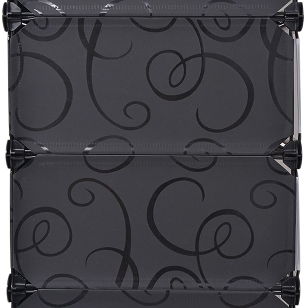 Black interlocking shoe organizer with 10 compartments and swirling pattern.