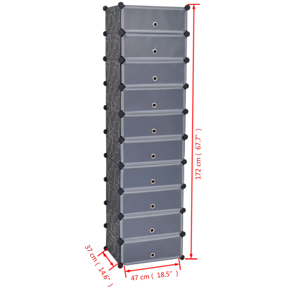 Black shoe organizer with 10 compartments and interlocking design, measuring 67.7 inches tall.