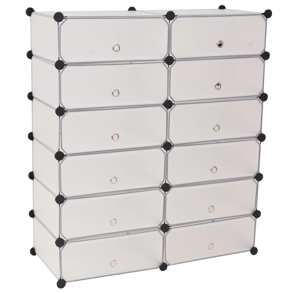 White plastic shoe organizer with 12 compartments and interlocking design.