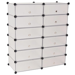 White plastic shoe organizer with 12 compartments and interlocking design.
