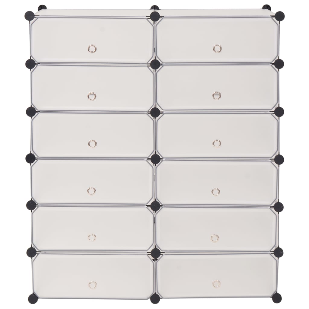 White plastic shoe organizer with 12 compartments and doors for dust protection.