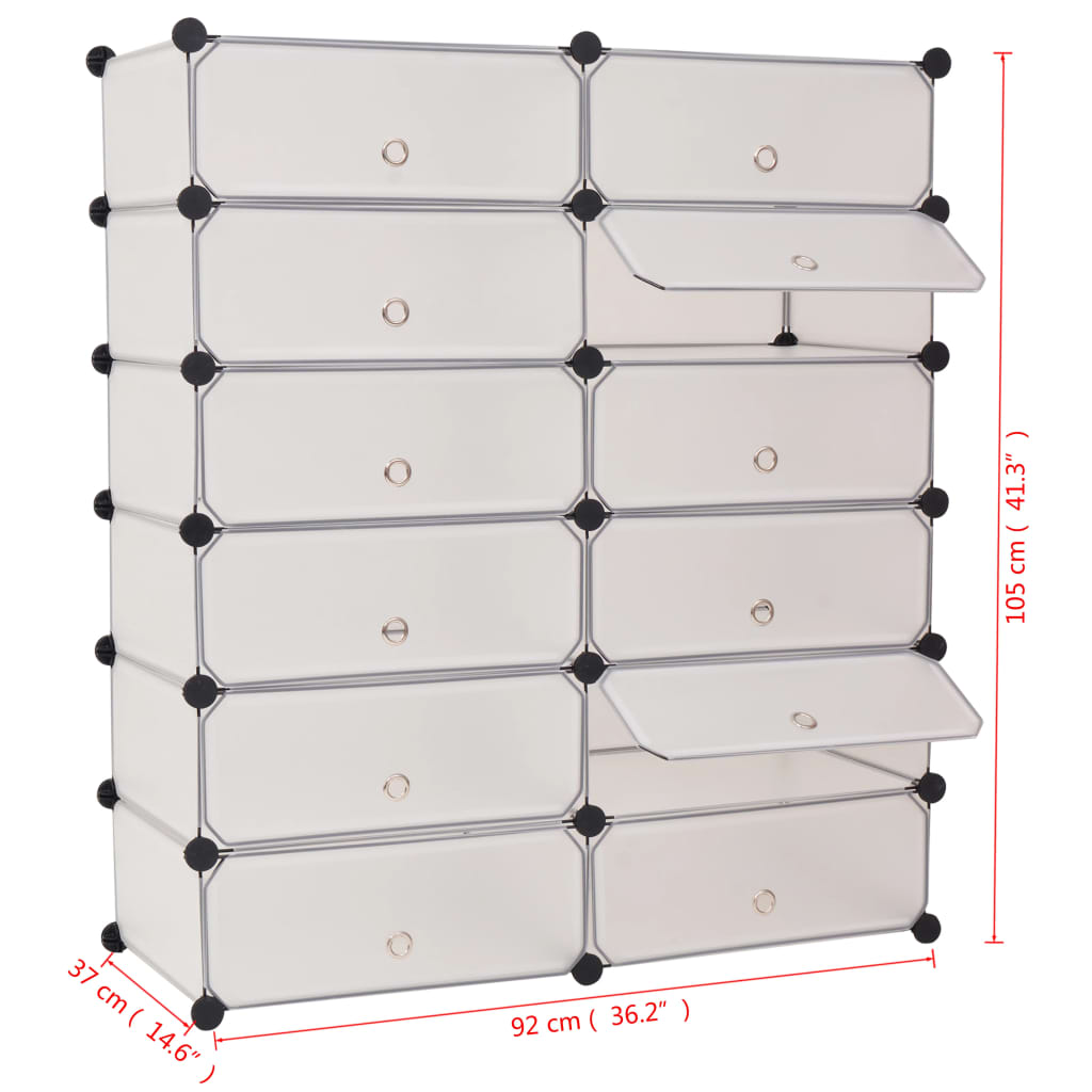 White plastic shoe organizer with 12 interlocking compartments and doors for dust protection.