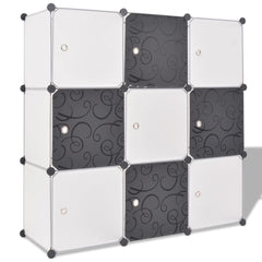 9-compartment black and white cube storage organizer with doors.