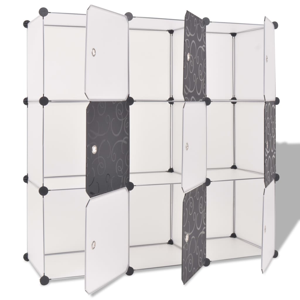 9-compartment black and white storage cube organizer with open doors.