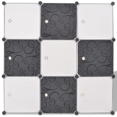 9-compartment black and white storage cube organizer with cube design.