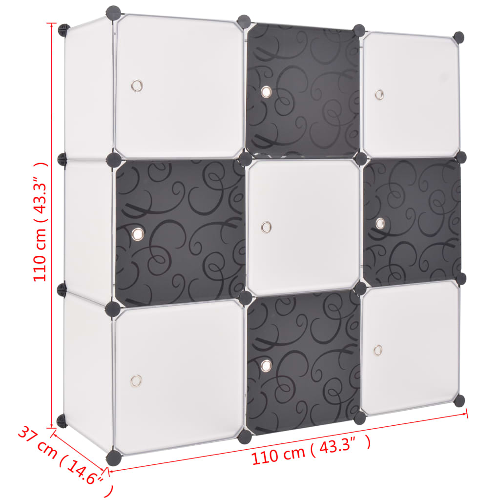 9-compartment black and white storage cube organizer with dimensions shown.