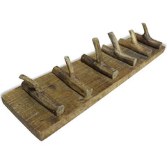 Rustic reclaimed wood coat rack with six branch pegs, 23.6 by 5.9 inches.