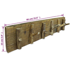 Rustic reclaimed wood coat rack with six pegs, measuring 23.6 by 5.9 inches.