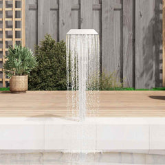 Silver stainless steel pool fountain with cascading water sheet, 19.7x11.8x35.4 inches, on wooden deck by pool.