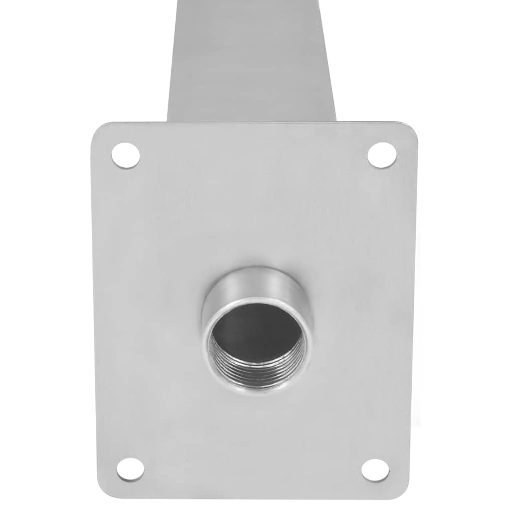 A silver stainless steel pool fountain base with a threaded pipe connection.