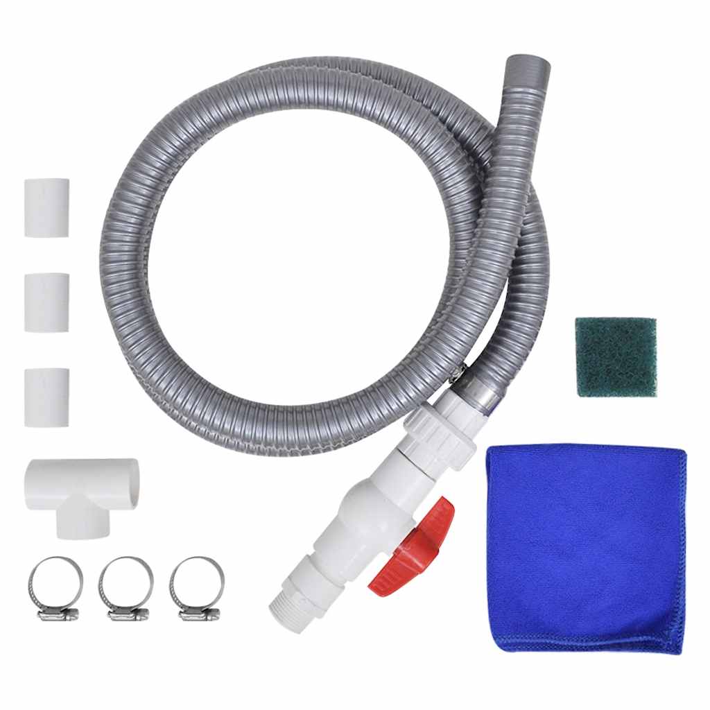 Silver stainless steel pool fountain kit with arc nozzle, hose, clamps, fittings, sponge, and cloth.