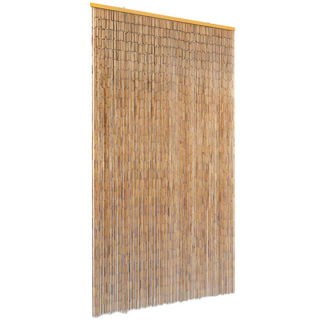 Brown bamboo insect door curtain, 39.4x78.7 inches, with woven stems and wooden bar.