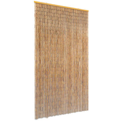 Brown bamboo insect door curtain, 39.4x78.7 inches, with woven stems and wooden bar.