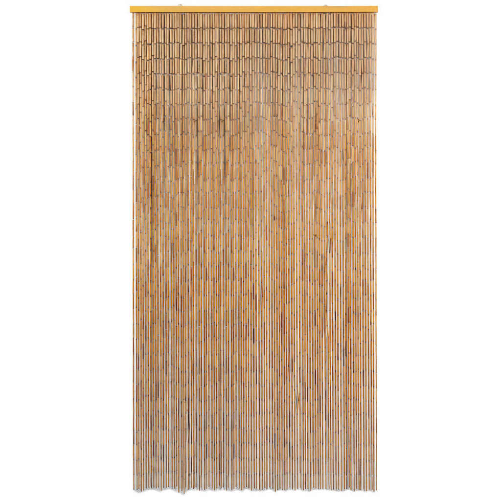 Brown bamboo insect door curtain, 39.4x78.7 inches, with woven stems and wooden bar.