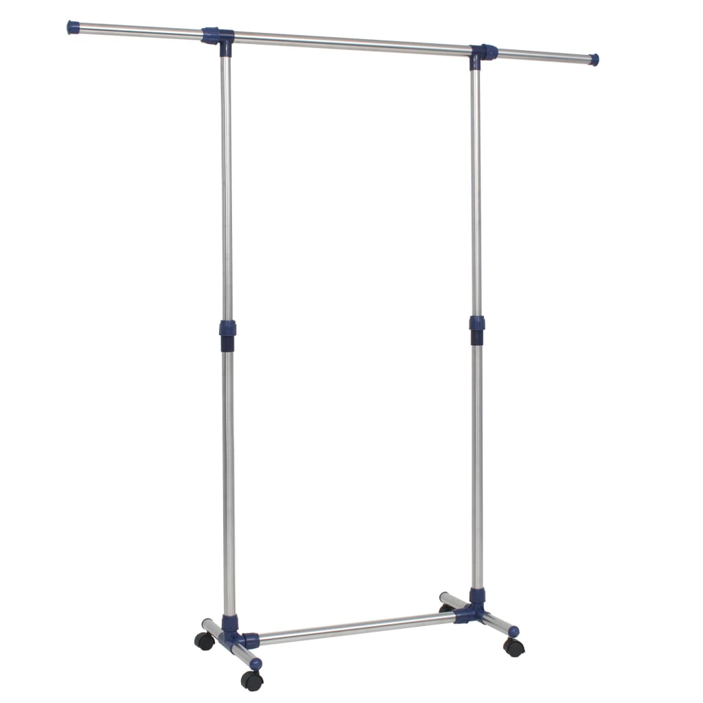 Silver adjustable stainless steel clothes rack, 65 inches tall, with wheels and blue accents.