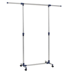 Silver adjustable stainless steel clothes rack, 65 inches tall, with wheels and blue accents.