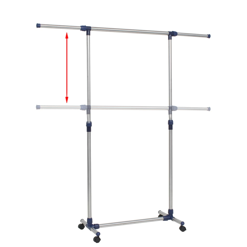 Silver adjustable stainless steel clothes rack, 65 inches tall, with wheels and height arrows.